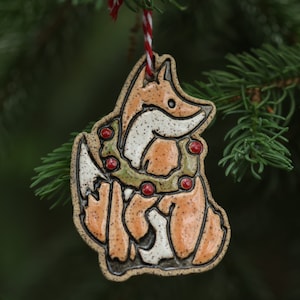 Handmade Fox Christmas ornament stuck in Wreath - Ceramic holiday decor