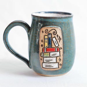 Coffee mug, book themed ceramic handmade cup, gift for reader, gift for teacher.