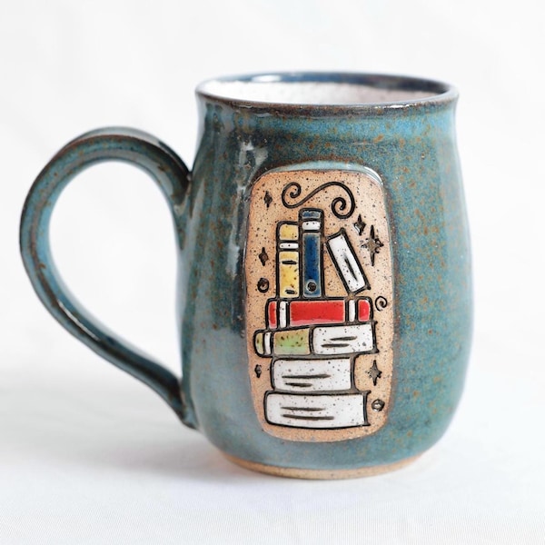 Coffee mug, book themed ceramic handmade cup, gift for reader, gift for teacher.