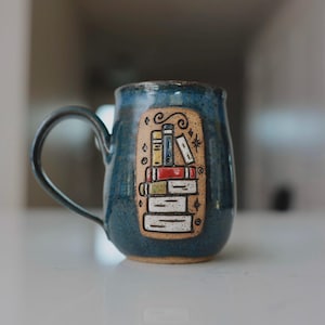 Coffee mug, book themed ceramic handmade cup, gift for reader, gift for teacher.