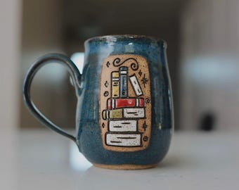 Coffee mug, book themed ceramic handmade cup, gift for reader, gift for teacher.