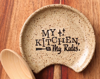 My kitchen, my rules, ceramic stoneware pottery, mod century modern font, kitchen humor saying, Gift for chef