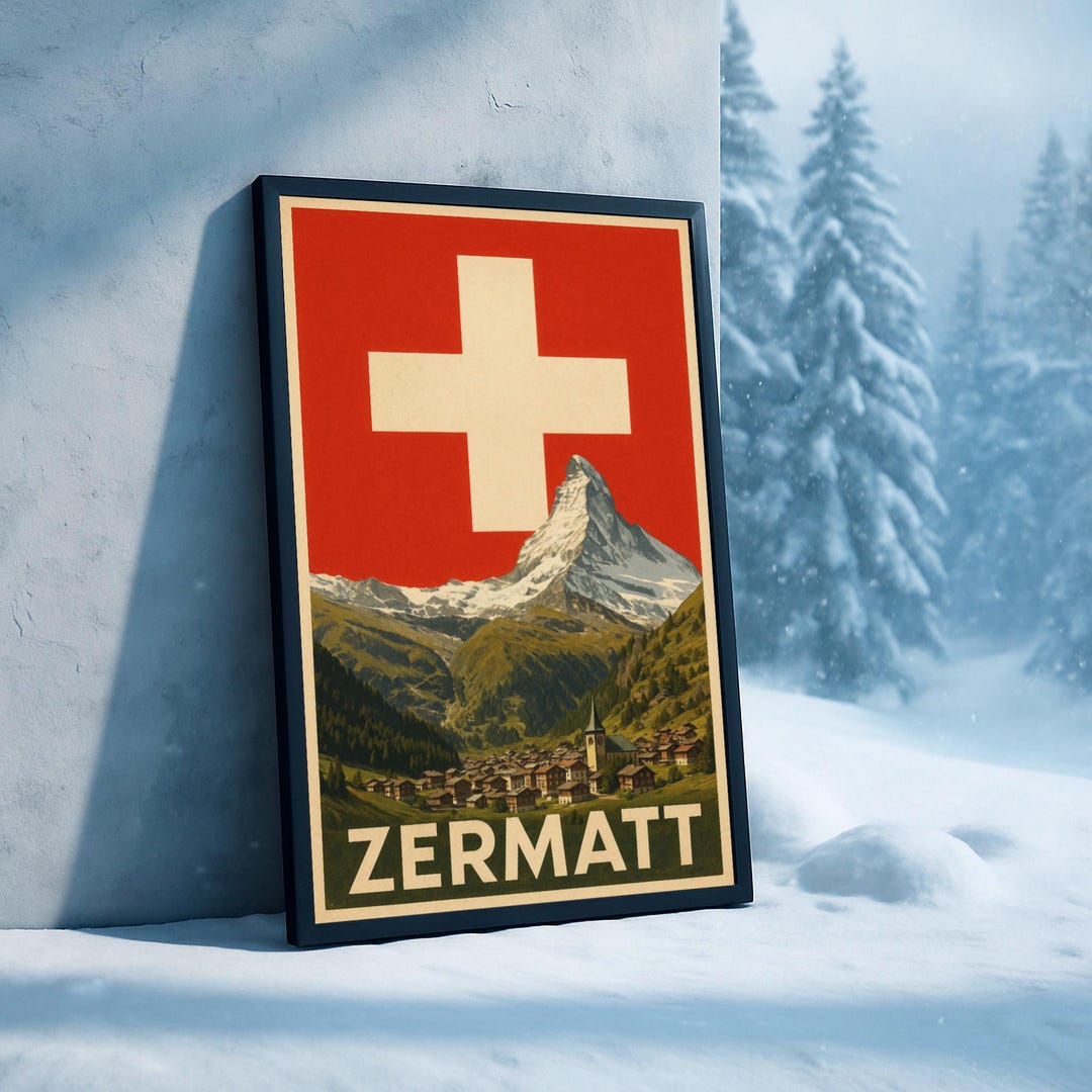 Zermatt Ski Poster | Vintage Swiss Alps Wall Art | Matterhorn Travel ...