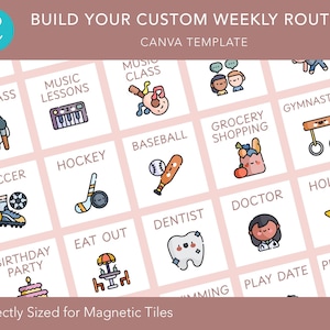 Può includere: Un modello digitale Canva per una routine settimanale personalizzata con una griglia di riquadri bianchi quadrati, icone colorate in stile cartone animato ed etichette di testo come Art Class, Music Lessons, Hockey, Baseball e Dentist.