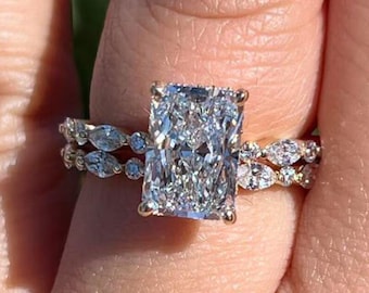 Conjunto de anel de noivado com moissanita de 3 quilates com corte radiante, conjunto de alianças de casamento em ouro 14K com aliança combinando, conjunto de anéis de aniversário.