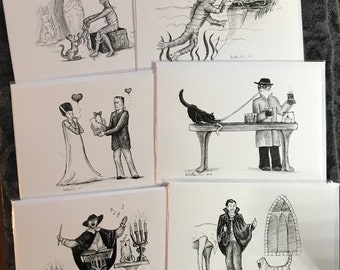 PICK ANY 3- 5x7 Monsters with Cats notecards and envelopes