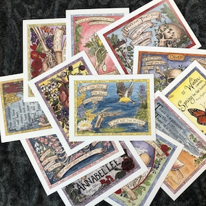 May include: A collection of colorful illustrated cards with inspirational quotes and floral designs. The cards feature a variety of themes, including love, death, spring, and winter. The cards are printed on high-quality paper and are perfect for adding a touch of whimsy to any home or office.