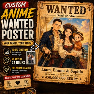 May include: Custom anime wanted poster featuring a family of three in pirate attire. The poster includes the text "WANTED" and "Liam, Emma & Sophia". The poster is designed with a vintage aesthetic and includes the text "Legends of the Grand Line" and "450,000,000 BERRY".
