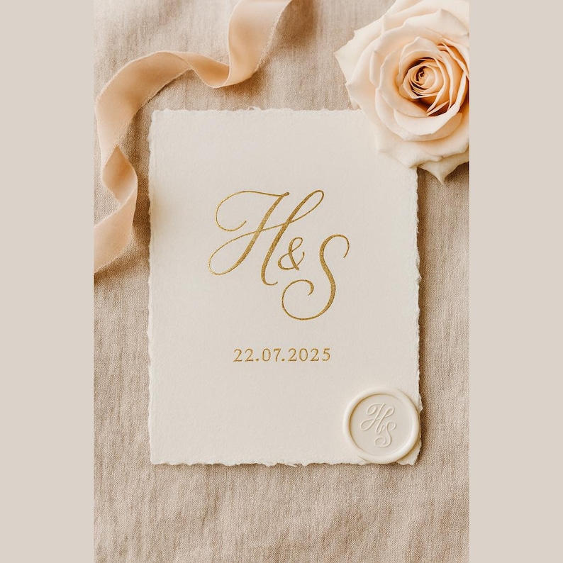 May include: Ivory-colored wedding invitation with gold calligraphy of the initials "H&S" and the date "22.07.2025". A cream-colored wax seal with the initials is in the lower right corner. A peach-colored rose and ribbon are in the background.