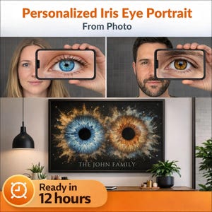 May include: A personalised iris eye portrait from a photo. The image shows a framed artwork with two detailed eye iris portraits, one blue and one brown, with the text "THE JOHN FAMILY" below. The image also shows two people holding phones with eye images.