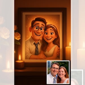 Può includere: Un ritratto a cartoni animati incorniciato di una coppia sorridente, l'uomo con gli occhiali e una cravatta, la donna con una fascia. Il ritratto è ambientato su uno sfondo caldo e luminoso, con candele accese e rose.