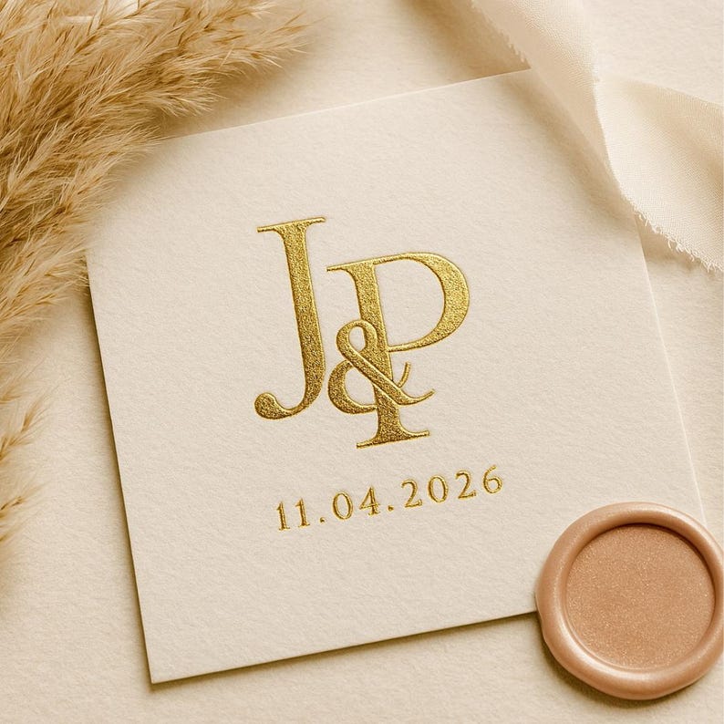 May include: Ivory-colored wedding invitation card with gold foil lettering of the initials "J&P" and the date "11.04.2026". A matching wax seal is in the lower right corner. The card is on a textured surface.