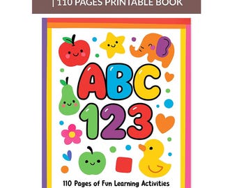 May include: A colorful printable book cover with the text "ABC • NUMBERS • SHAPES • COLORS | 110 PAGES PRINTABLE BOOK." The cover features cartoon illustrations of an apple, star, elephant, pear, flower, and duck. The words "ABC" and "123" are prominently displayed.