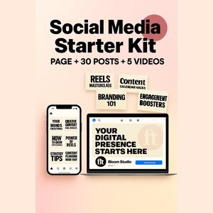 以下が含まれることがあります： 「Social Media Starter Kit」のテキストと「PAGE + 30 POSTS + 5 VIDEOS」のスローガンが書かれたデジタルマーケティンググラフィック。スマートフォンと、ソーシャルメディアコンテンツを表示するラップトップが含まれており、「REELS」や「BRANDING 101」などのラベルが付いています。