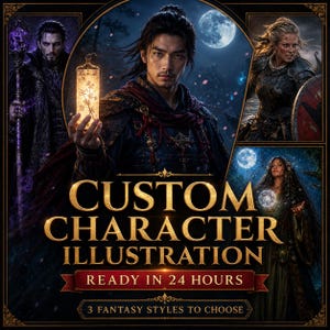 以下が含まれることがあります： CUSTOM CHARACTER ILLUSTRATION READY IN 24 HOURS 3 FANTASY STYLES TO CHOOSEというテキストが記載されたデジタル画像。ダークな魔術師、戦士、森の人物など、3つの異なるファンタジーキャラクターの肖像画が描かれています。
