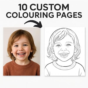 May include: An image featuring a smiling child and a line drawing of the same child. The text above reads "10 CUSTOM COLOURING PAGES". The child in the photo is wearing a brown jumper. The line drawing is ready for colouring.