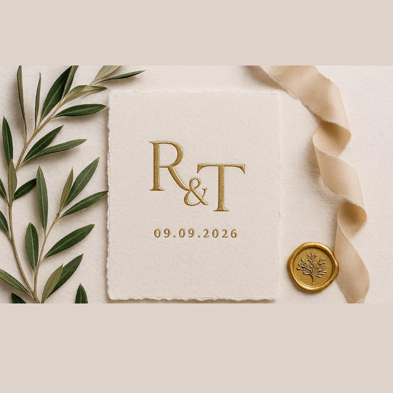 May include: A cream-colored wedding invitation with gold embossed initials "R&T" and the date "09.09.2026". The invitation is accompanied by a gold wax seal, olive branches, and a cream-colored ribbon.