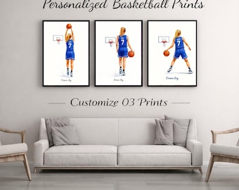 Personalized Girl Basketball Prints Set of 3,Female Basketball Wall Art,Sports Bedroom Decor Gift