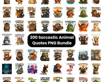 Sarkastische Tier Zitate PNG Bundle, 200 Humor Tier Grafiken, Cartoon Design Tiere