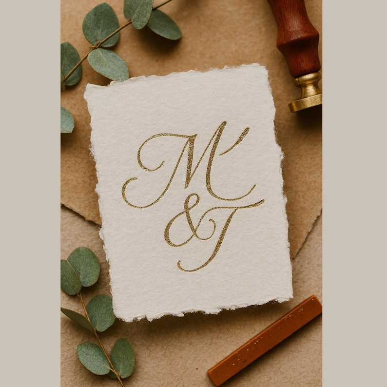 May include: A cream-colored card with torn edges features gold calligraphy of the letters "M & T". The card is set on a brown surface with sprigs of greenery, a wax seal, and a stick of sealing wax.