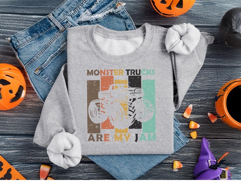 Monster Trucks Are My Jam, Retro Monster Truck Sweatshirt Vintage Oversized Graphic Pullover for Truck Fans Monster Jam Fan Truck Racing Tee