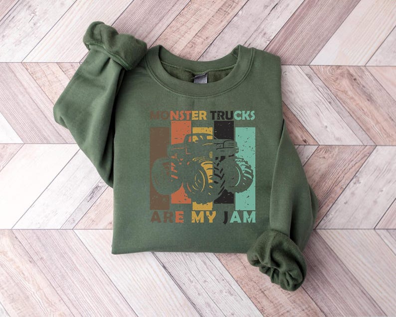 Monster Trucks Are My Jam, Retro Monster Truck Sweatshirt Vintage Oversized Graphic Pullover for Truck Fans Monster Jam Fan Truck Racing Tee