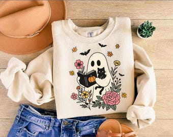 Cute Ghost Reading A Book, Cat Halloween Shirt, Floral Lover Tee, Cozy Spooky Season Top, Aesthetic T-Shirt, Soft Witchy Style Outfit Idea
