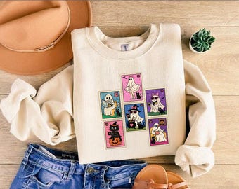 Halloween Stamp Shirt, Vintage Spooky Graphic Tee, Black Cat Ghost Pumpkin Top, Cute Fall T-Shirt, Trick Or Treat Retro Style Shirt