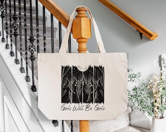 Halloween Tote Bag, Vintage Girls Will Be Girls Tote Bag, Witchy Vibes Bag, Halloween Party Tote Bag, Funny Witch Tote Bag