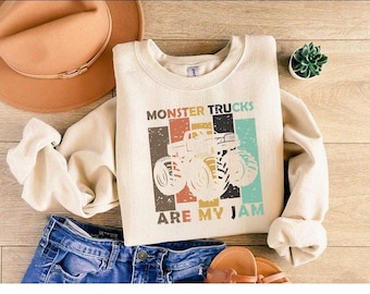 Monster Trucks Are My Jam, Retro Monster Truck Sweatshirt Vintage Oversized Graphic Pullover for Truck Fans Monster Jam Fan Truck Racing Tee
