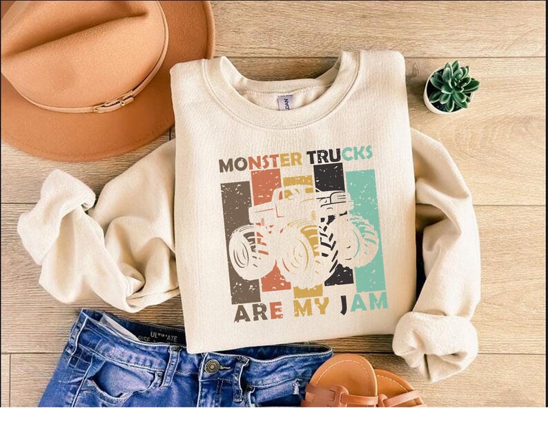 Monster Trucks Are My Jam, Retro Monster Truck Sweatshirt Vintage Oversized Graphic Pullover for Truck Fans Monster Jam Fan Truck Racing Tee