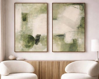 Conjunto de láminas abstractas enmarcadas de color verde salvia para pared – Láminas modernas minimalistas en verde y crema