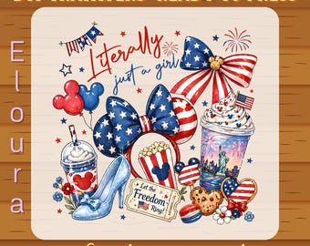 Patriotic Literally Just A Girl DTF Transfer, Ready to Press Cartoon USA Bow, Kids 4th Of July Style, Disney Red White Blue Shirt Design