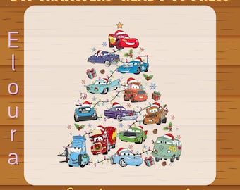 May include: A Christmas tree design made of cartoon cars, each wearing a Santa hat and decorated with lights and ornaments. The image includes the text "DTF TRANSFERS READY TO PRESS" and "High Quality Direct to Film".