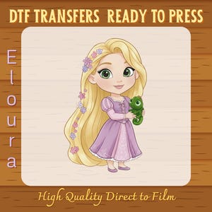 May include: DTF transfers ready to press featuring a cartoon illustration of a princess with long blonde hair, wearing a purple dress and holding a green chameleon. The image includes the text "Eloura" and "High Quality Direct to Film".