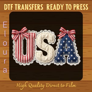 May include: DTF Transfers ready to press. The word "USA" is displayed with each letter having a unique design. The "U" is red and white striped, the "S" is a cable knit design, and the "A" is blue with white stars. Each letter has a red, white, and blue bow.