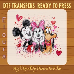 May include: DTF transfers ready to press featuring Mickey Mouse, Minnie Mouse, and Goofy. The image has a watercolour effect with red hearts and splatters. The text "Eloura" is on the left side, and "High Quality Direct to Film" is at the bottom.