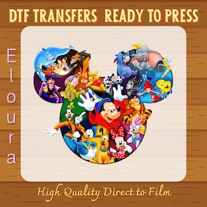 May include: A colorful DTF transfer design featuring a Mickey Mouse head shape filled with various Disney characters. The design includes text that reads "DTF TRANSFERS READY TO PRESS" and "High Quality Direct to Film". The background is a wood grain pattern.