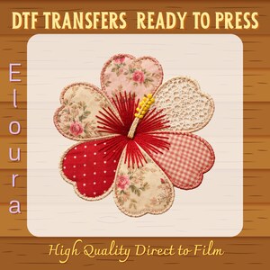 May include: A floral DTF (Direct to Film) transfer featuring a hibiscus flower design. The flower petals showcase various patterns, including floral prints, polka dots, and gingham. The text "DTF TRANSFERS READY TO PRESS" and "High Quality Direct to Film" are displayed.