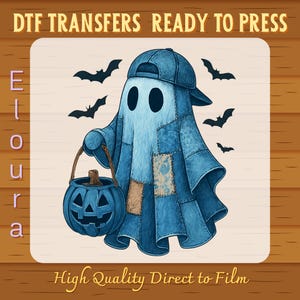 May include: A blue ghost character wearing a denim baseball cap and holding a blue pumpkin bucket. The image includes the text "DTF TRANSFERS READY TO PRESS", "Eloura", and "High Quality Direct to Film". Several black bat silhouettes are also present.