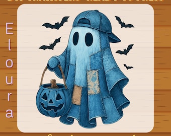 Retro Halloween Ghost DTF Transfer, Ready To Press Blue Denim Patchwork, Cute Boo Coquette Halloween, Vintage Spooky Season Kid Shirt Design