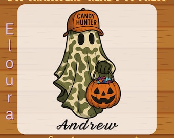 Personalized Camo Halloween DTF Transfer, Ready To Press Custom Candy Hunter Design, Boy Ghost Halloween, Cute Kids Ghost