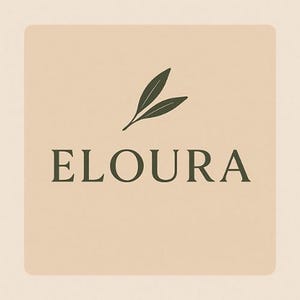 May include: A square logo with the word "ELOURA" in a dark green font. Above the text is a dark green illustration of two leaves. The background is a light beige color.