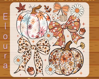 Coquette Pumpkin DTF Transfer, Ready To Press Retro Floral Fall, Wildflowers, Boho Thanksgiving Bow