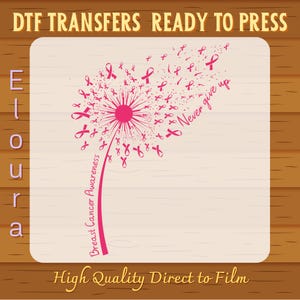 Dandelion Breast Cancer DTF Transfer, Never Giver Up Ready To Press, Breast Cancer Awareness, In October We Wear Pink, Pink Bow Ribbon afbeelding 2