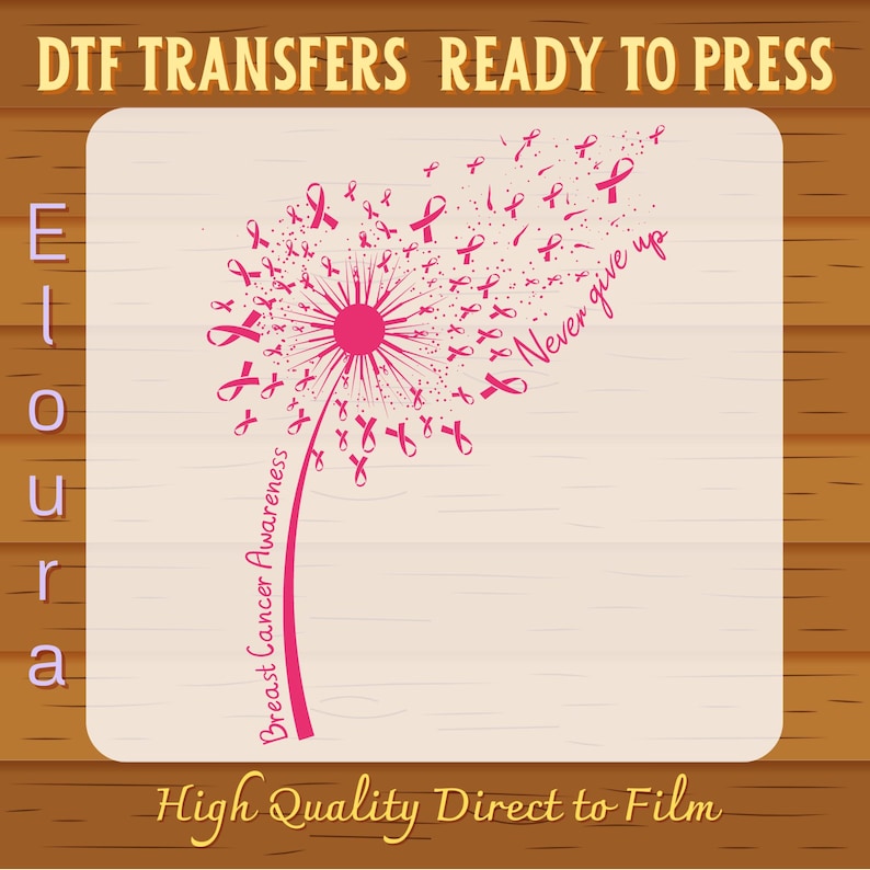 Dandelion Breast Cancer DTF Transfer, Never Giver Up Ready To Press, Breast Cancer Awareness, In October We Wear Pink, Pink Bow Ribbon afbeelding 2