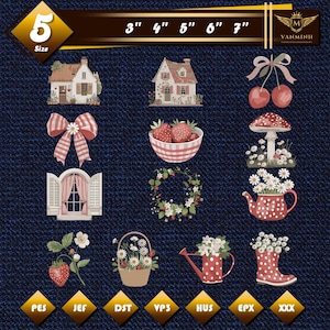 Può includere: Illustrazioni digitali con case, fiocchi, fragole, una finestra, ciliegie, un fungo, una teiera, un cestino di fiori, un annaffiatoio e uno stivale. La dimensione è di 12.7 cm, con opzioni da 7.6 cm a 17.8 cm.