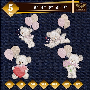 May include: Embroidered teddy bear designs with balloons and hearts. The bears are white with pink bows and accents. The image includes sizes from 3 to 7 inches. The background is a dark blue denim texture. The image also includes file type abbreviations.
