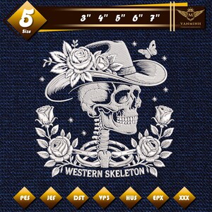 ウエスタンスケルトンカウボーイハットとバラの花柄刺繍デザイン、不気味なカントリースカルボーン刺繍ファイル、ハロウィンマシンファイルアート