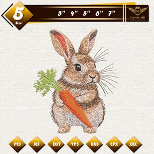Realistisk broderidesign med kanin som håller morot, broderifil med söt påskhare, maskinfil med vårdjur, mönster med skogshare
